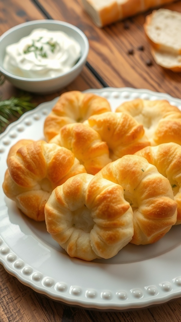 Fluffy cloud bread rounds on a plate, golden brown, with a rustic kitchen backdrop.